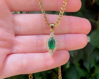 Emerald Green Tear Drop Gem Necklace, Green Gem Necklace, 18k Gold Plated Curb Chain