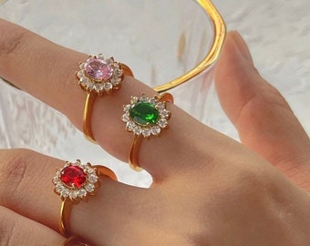 Bague gemme émeraude verte, bague gemme verte, bague gemme scintillante zircone cubique, bague or 18 carats en acier inoxydable, bijoux tendance pour femme, minimaliste