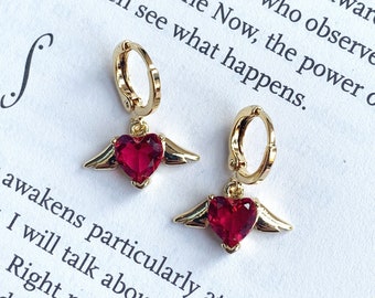 Red Heart Earrings, Heart Gem Huggie Earrings, Gold Plated Heart Earrings, Angel Wings Earrings, Cute Trendy Jewelry for Women