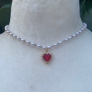 Pearl Heart Necklace, Red Heart Pearl Necklace