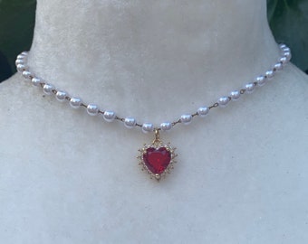 Collar de corazón de perlas, collar de perlas de corazón rojo