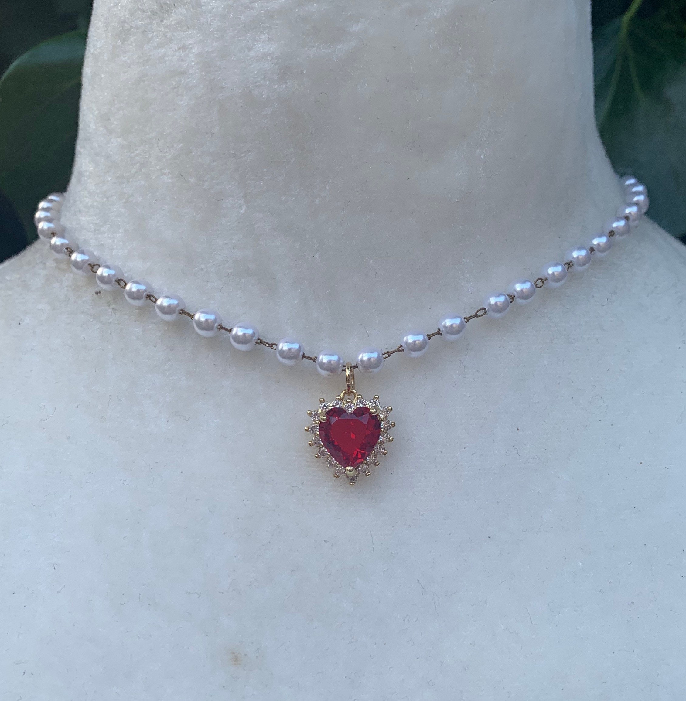 Pearl Heart Necklace, Red Heart Pearl Necklace - Etsy