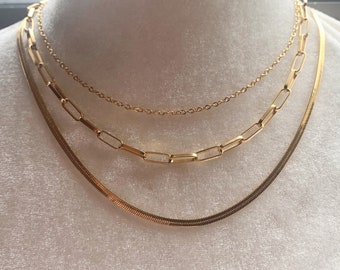 18k Gold Layered Necklace Set -Three Single Gold chains set Dainty triple chains-Bundle multi layer paperclip-Everyday fashion-gift for her