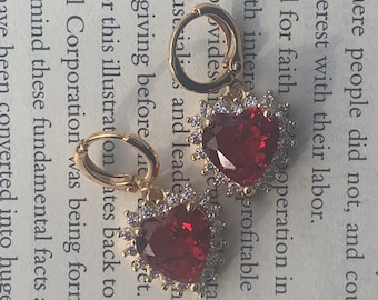 Red Heart Earrings, Red Heart Gem Huggie Earrings, Gold Plated Heart Earrings, Cute Trendy Jewelry for Women