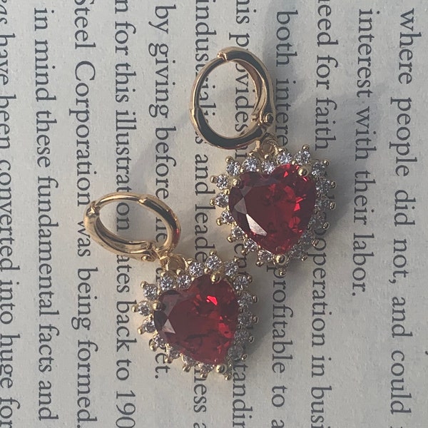 Red Heart Earrings, Red Heart Gem Huggie Earrings, Gold Plated Heart Earrings, Cute Trendy Jewelry for Women
