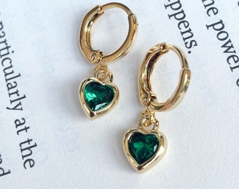 Green Heart Earrings, Emerald Green Huggie Earrings, Gold Plated Heart Earrings, Dainty Minimalistic Earrings, Cute Trendy Jewelry for Women