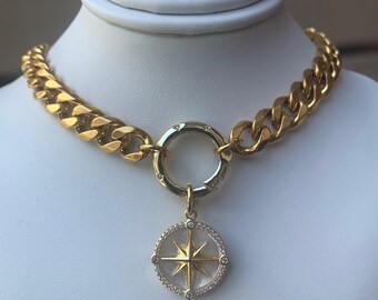 Collier pendentif étoile polaire cubaine en or, gros collier pendentif en or, acier plaqué 18 carats