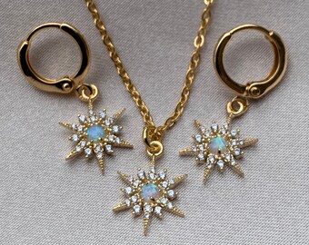 Opal Star Jewelry Set - Opal Necklace and Earrings Gift Set - Gold Plated Jewelry - Matching Jewelry Set - Gift For Her