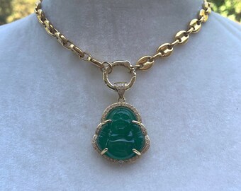 Gold Coffee Bean Chain Green Buddha Pendant Necklace, Chunky Gold Pendant Necklace, 18k Plated Steel