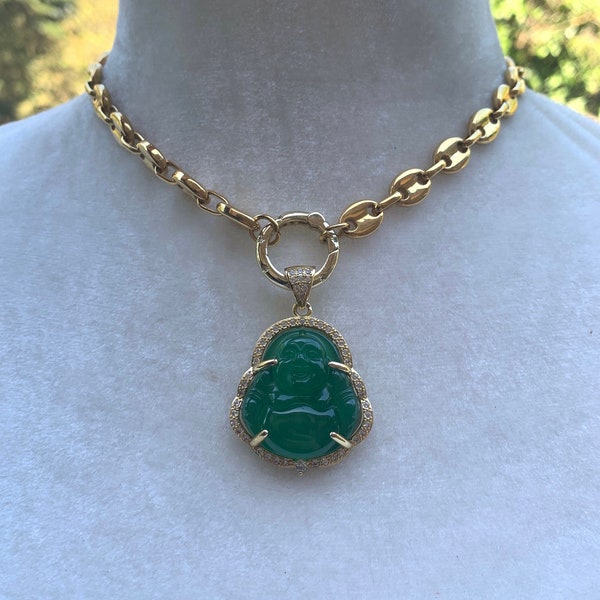 Collier pendentif Bouddha vert chaîne en grains de café doré, gros collier pendentif en or, acier plaqué 18 carats