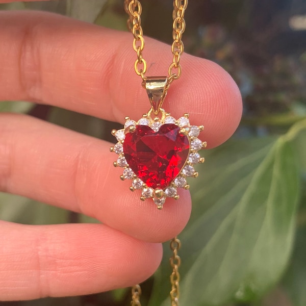 Red Heart Gem Necklace, 18k Gold Plated, Heart Charm Necklace