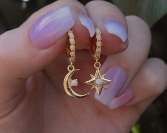 Opal Moon and Star Huggie Earrings, Vermeil Crystal Opal Earrings, Matching Earrings, Gold Plated Sterling Silver Mismatch Earrings, Trendy