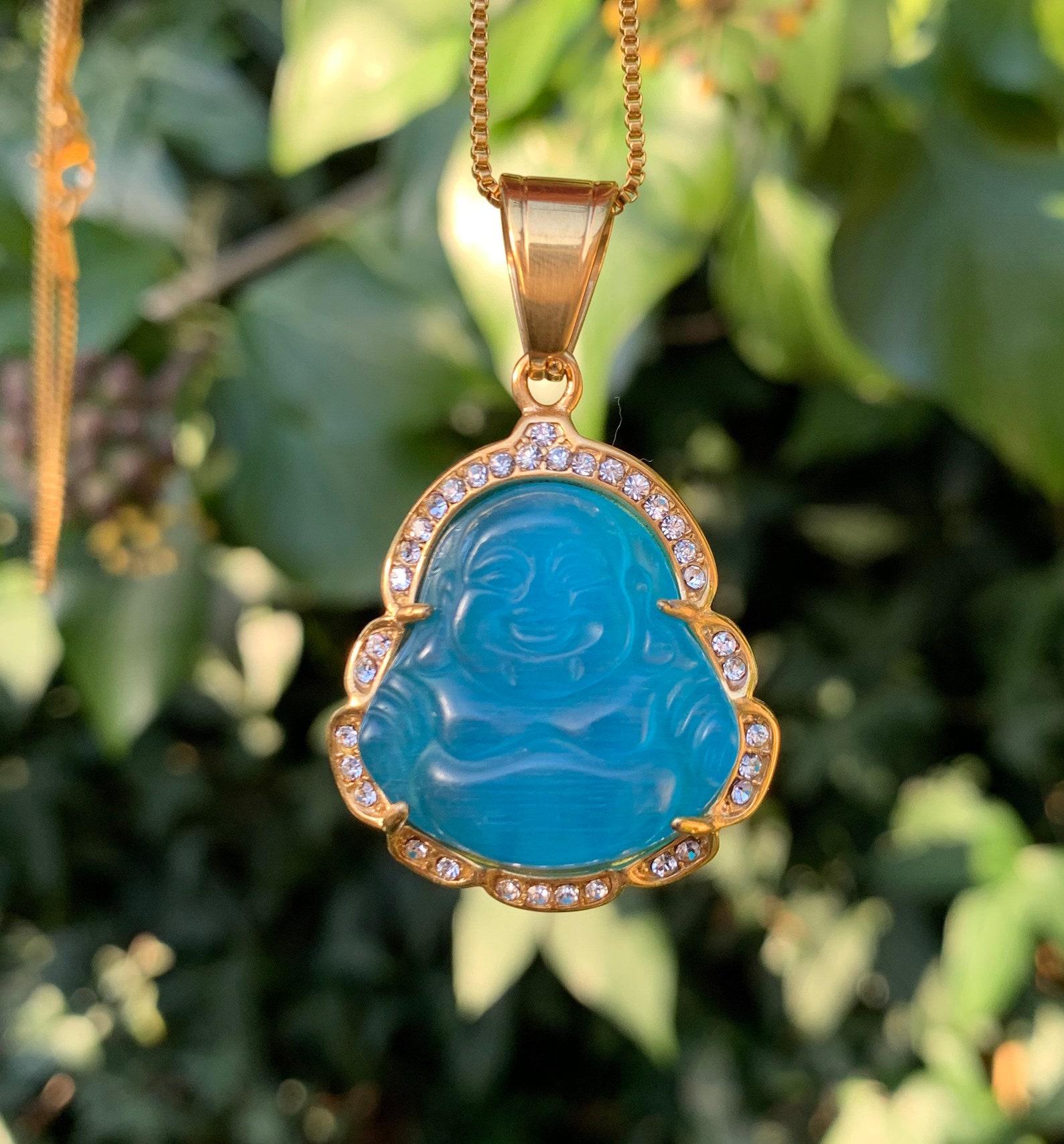 Blue Jade Buddha Necklace Gold Plated Stainless Steel Chain Etsy