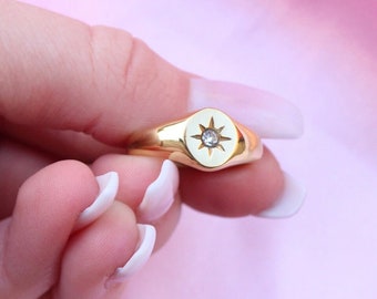 18k Gold Signet Ring, Dainty Gold Ring, CZ North Star Gold Ring, Statement Ring, Stacking Ring, Water and Tarnish Resistant Ring, Minimal