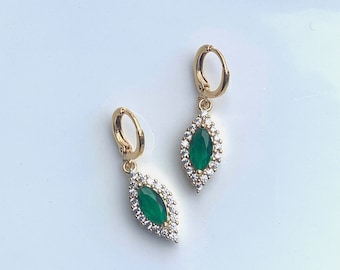 Emerald Green Tear Drop Earrings, Crystal Gem Huggie Earrings, Gold Plated Heart Earrings, Cute Trendy Jewelry for Women