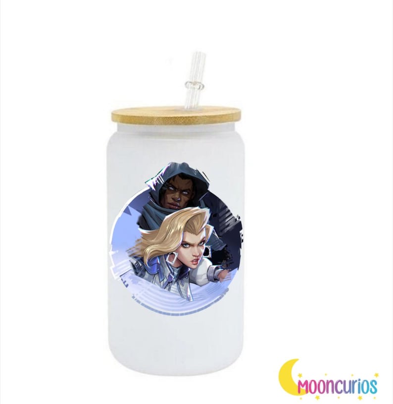 May include: A white glass tumbler with a bamboo lid and a clear straw. The tumbler features a graphic of two characters in a blue and white circular design. The logo "Mooncurios" is visible in the bottom right corner.