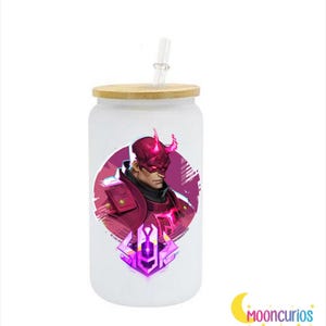 May include: A white glass tumbler with a bamboo lid and a clear straw. The tumbler features a graphic of a character in a red and purple color scheme. The character has a mask and horns. The logo "Mooncurios" is in the bottom right corner.