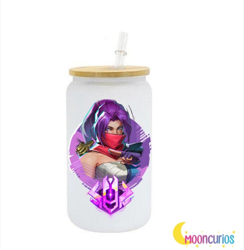 May include: A white glass tumbler with a bamboo lid and a clear glass straw. The tumbler features a purple and red graphic of a character with a purple background. The logo "Mooncurios" is in the bottom right corner.