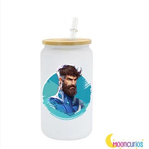 May include: A white glass tumbler with a bamboo lid and a clear straw. The tumbler features a graphic of a bearded man in blue and white on a teal circle. The Mooncurios logo is visible in the bottom right corner.