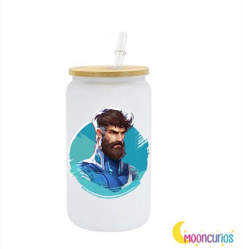 May include: A white glass tumbler with a bamboo lid and a clear straw. The tumbler features a graphic of a bearded man in blue and white on a teal circle. The Mooncurios logo is visible in the bottom right corner.