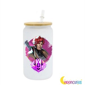 May include: White glass tumbler with a bamboo lid and a clear straw. The tumbler features a graphic of a character with red hair and a purple emblem. The Mooncurios logo is in the bottom right corner.
