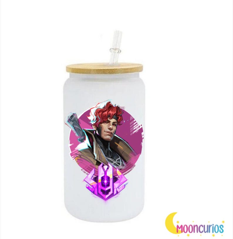 May include: White glass tumbler with a bamboo lid and a clear straw. The tumbler features a graphic of a character with red hair and a purple emblem. The Mooncurios logo is in the bottom right corner.