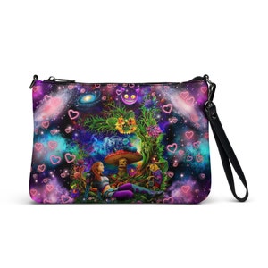 Alice im Wunderland Crossbody Bag - Wunderliche Galaxie Fantasy Kunst mit Grinsekatze und Pilzen
