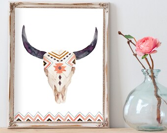 Boho skull print Boho printable art Boho wall art Tribal | Etsy
