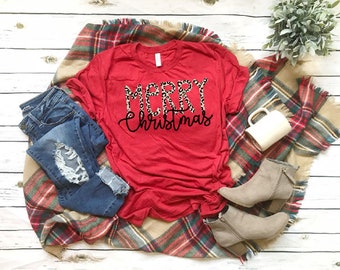 Camisa Leopard Merry Christmas, Camisa de Mujer de Navidad, Camisa de Vacaciones para Mujeres, Camisa de Feliz Navidad