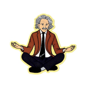 May include: A cartoon illustration of Albert Einstein sitting in a meditative pose with his eyes closed. He is wearing a brown suit jacket, a black tie with the equation "E=mc²" printed on it, and black pants. His hair is white and his facial expression is calm.