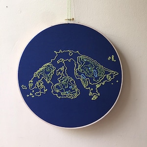 Orcas Island Washington gestickte topographische Karte im 30cm Stickrahmen