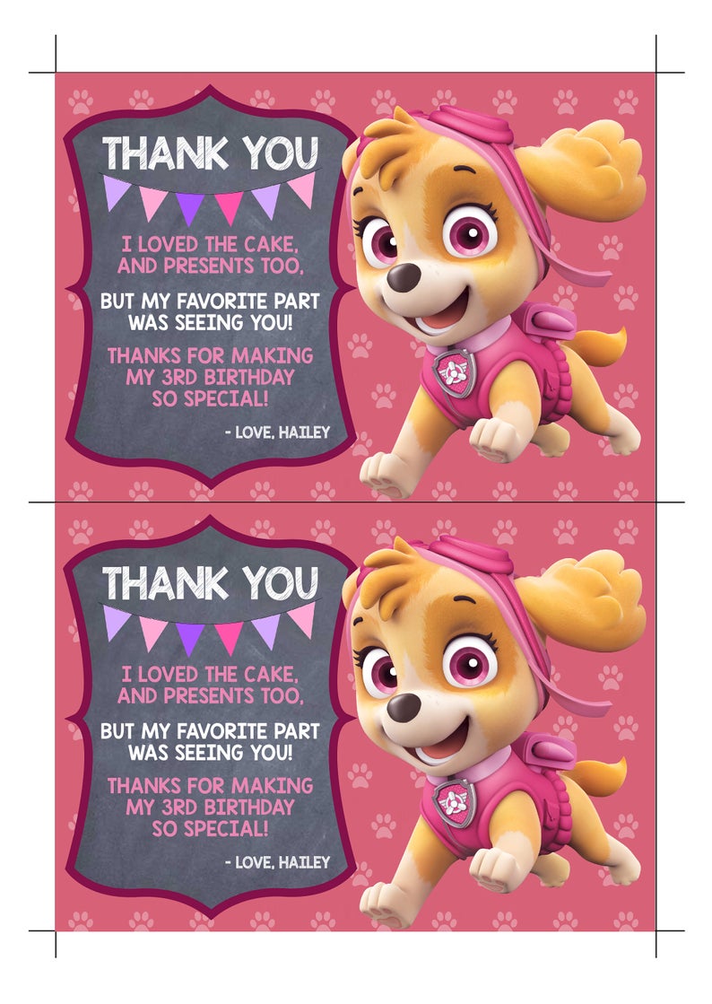 Paw Patrol Skye Thank You Paw Patrol Thank You Note Diy Printable ...