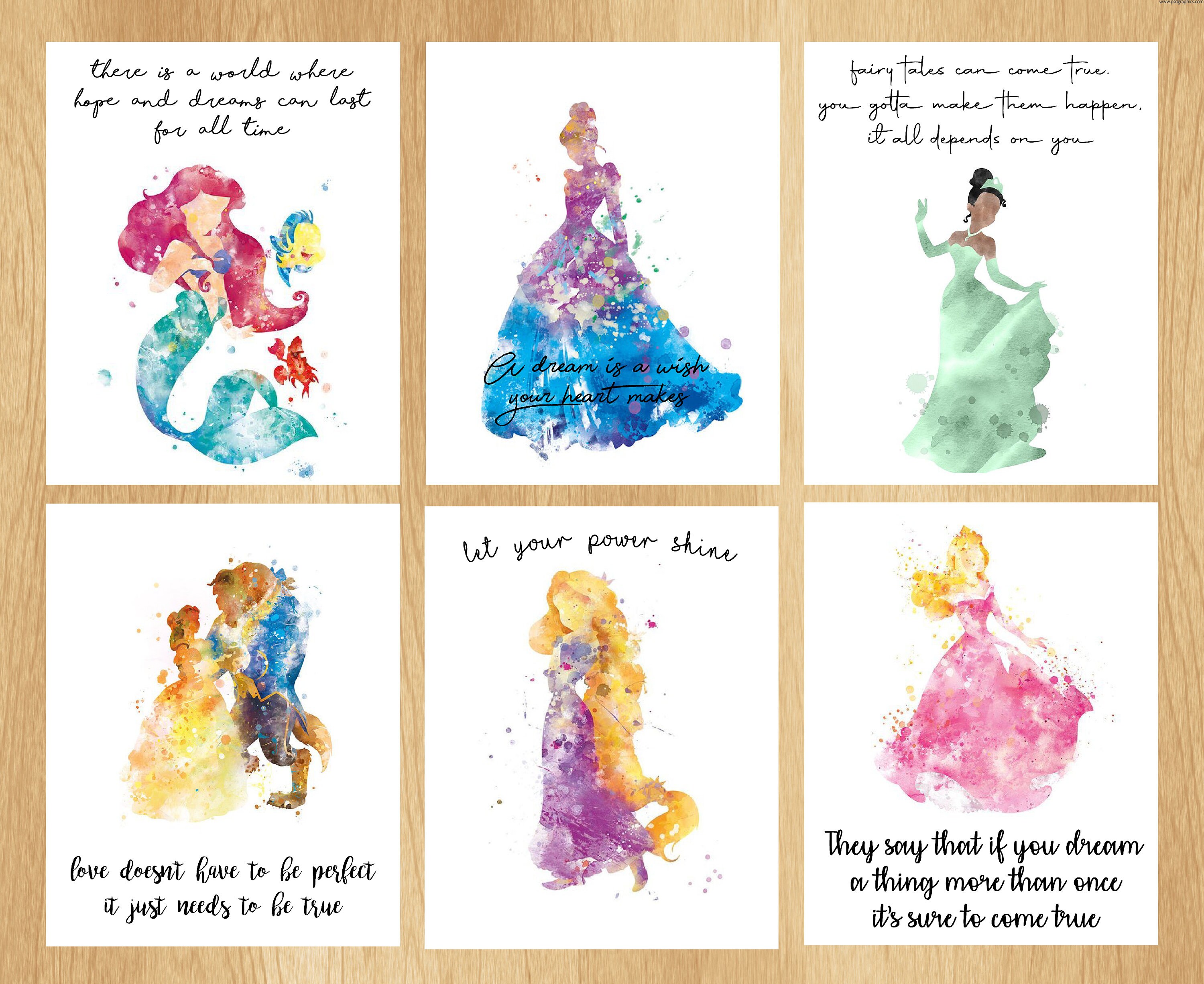 pics Simple Disney Quote Paintings set of 6 disney princess princess quotes nursery disney quote wall art baby shower cinderella ariel little girls room frame