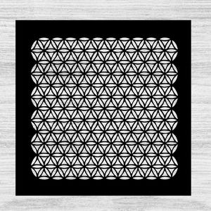 May include: A black square stencil featuring a repeating geometric pattern of interlocking circles and triangles. The design is a symmetrical arrangement, creating a visually appealing and intricate design. This stencil is suitable for various craft projects.