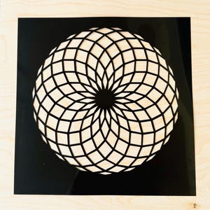 May include: A black square with a geometric design in the center. The design is a black and white pattern of intersecting lines that form a sphere shape.