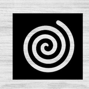 May include: A white spiral design on a black square, set against a light wood grain background. The spiral is centered and has a textured appearance, creating a striking contrast with the solid black. The design is simple yet eye-catching.