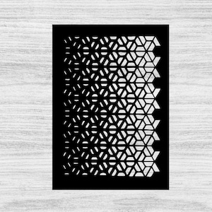 May include: A black stencil featuring a geometric pattern of interconnected shapes. The design transitions from a dense arrangement at the top to a more sparse pattern towards the bottom. The stencil is rectangular and set against a light wood grain background.