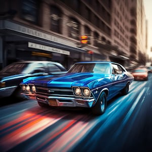 May include: A blue classic American muscle car driving down a city street. The car has a chrome bumper and shiny headlights. The car is in motion and the background is blurred.