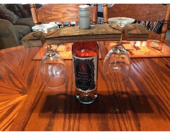 Wine bottle and 2 Wine Glass holder made from Staves