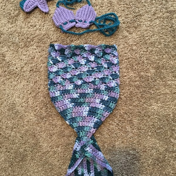 Crochet Mermaid Tail, Starfish Headband, Seashell Bikini, 0-3 Months