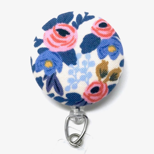 Rifle Paper Co Periwinkle Rosa Badge Reel, Floral Fabric, Blue Flower, Company Nurse Name Badge ID Holder, Rosa Natural, Alligator Belt Clip