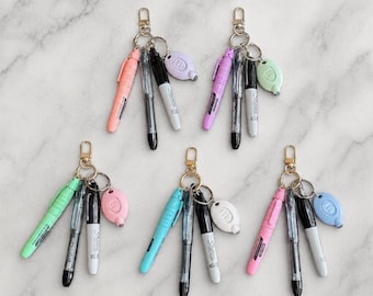 Badge Reel Accessory | Mini Pastel Highlighter Pen Permanent Marker Light Keychain Set | Gold Silver | Nurse RN Teacher Gift