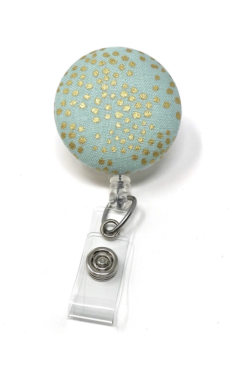 Rifle Paper Co Fabric Badge Reel Mint Gold Metallic Polka Dots Nurse Name Badge ID Holder Interchangeable Retractable Alligator Belt Clip