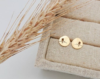 Stud earrings, bird, stainless steel, gold-plated, bridal jewelry, gift idea, dove, luck, matte, brushed