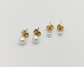 1 pair of pearl stud earrings, elegant ball stud earrings, bridal jewelry, maid of honor, cream pearl stud earrings, stainless steel, gold-plated
