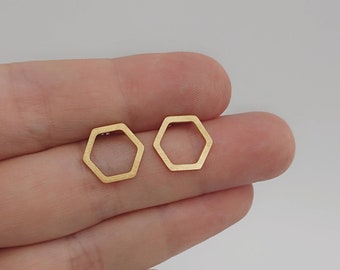 1 pair of simple hexagon stud earrings-stainless steel-gold plated