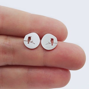 Stud earrings-bird stud earrings-stainless steel silver circle stud earrings-bird on the branch