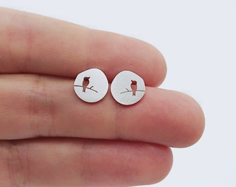 Stud earrings-bird stud earrings-stainless steel silver circle stud earrings-bird on the branch