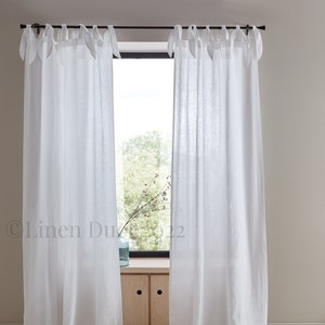 Linen Curtains with Bow Ties, Custom Curtains Natural Linen, White Linen Curtains, Semi-Sheer Curtains Home Decor, Extra-long Linen Curtains