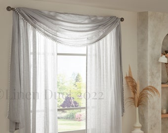 Sheer Linen Curtain Scarf, Valance Scarf Window Treatment,  Sheer Linen Valance with Pom Pom Trim, Window Scarf Home Decor, Linen Sheer Swag